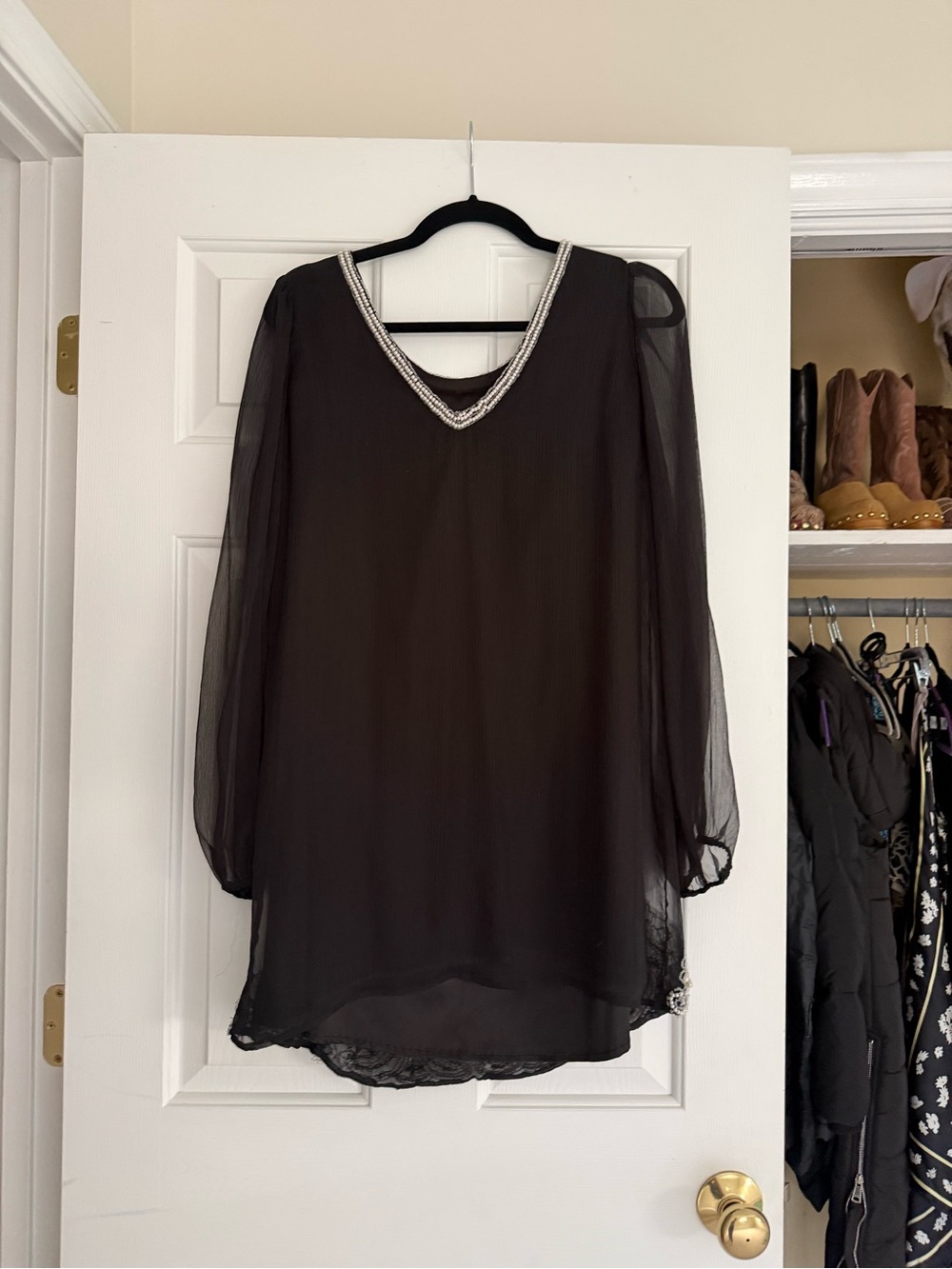 Karlie Black Sheer V-Neck Beaded Long-Sleeve Blouse